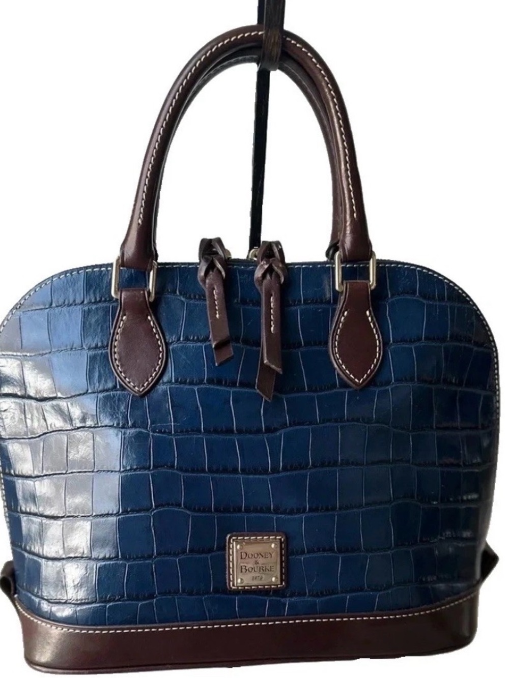 Dooney & Bourke Blue Croc-Embossed Leather Satchel with Brown Trim